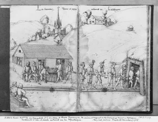 Silbermine von La Croix-aux-Mines, Lothringen, fol.8v und fol.9r, Bergleute betreten die Mine, ca. 1530